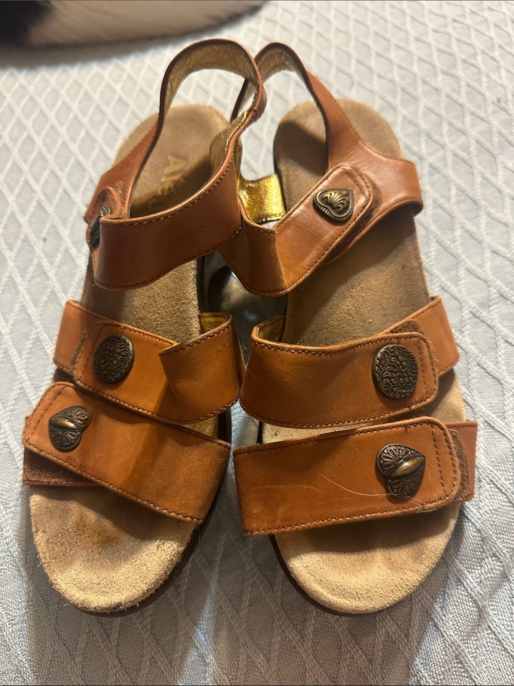Alegria Brown Leather Triple-Strap Comfort Sandals
